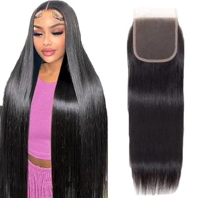 Image de Tuheerst Straight Human Hair Closure 4X4 Lace Real Natural Black Remy Pre Bleached Knots Plucked with Baby Free Part Low Shedding for Woman 20 Inch