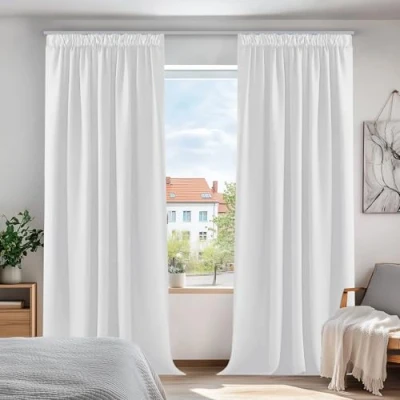Afbeelding van Deconovo Set van 2 thermische verduisteringsgordijnen, koudewerend, voor slaapkamer, volwassenen, keuken, woonkamer, modern design, plooiband, lichtwit, grijs, 140 x 240 cm