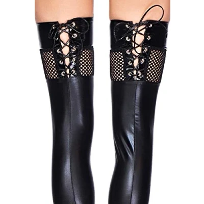Afbeelding van TOBATI Wetlook and Fishnet Lace Up Stockings Black