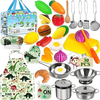 Afbeelding van FAMKEEP Keukenaccessoires voor kinderen, 30 delig, met potten en van roestvrij staal, chef kok, rollenspel met, keuken schort, keuken, jongens meisjes, Montessori cadeau