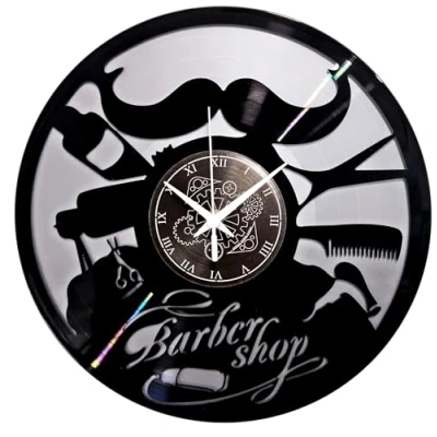 Afbeelding van Instant Karma Clocks Wandklok van vinyl, cadeau idee, vintage, waswarmer, woonkamer, Barber Shop (zilver), handgemaakt