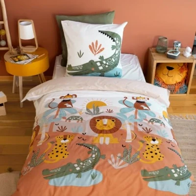 Afbeelding van CÔTE DECO Beddengoed 140 x 200 cm voor kinderen, dekbedovertrek + 1 kussensloop 63 cm, motief savanna print, groen, blauw, geel, dekbedovertrekset van 100% katoen