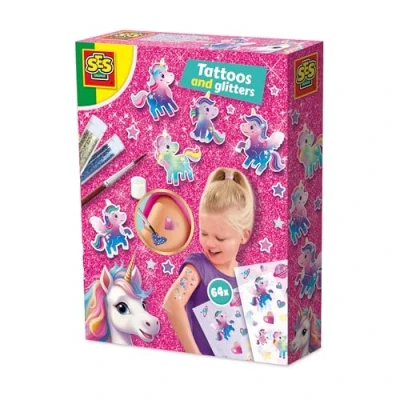 Afbeelding van SES Creative 14724 Eenhoorn tatoeages en Glitters Creatieve Knutselset voor Kinderen vanaf 5 Jaar Inclusief metallic glitterlijm Perfect eenhoornfeestjes