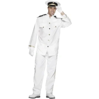 Afbeelding van Smiffys Kapitein kostuum, wit, met jas, broek, pet en handschoenen, M, Wit.
