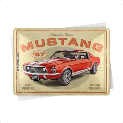 Afbeelding van Nostalgic Art Mini ansichtkaart van metaal retro 10 x 14 cm Ford Mustang GT 1967 rood cadeau idee voor fans accessoires