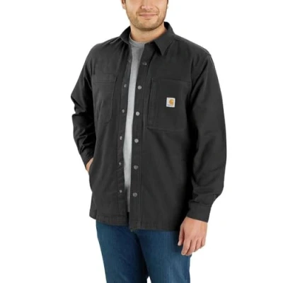 Afbeelding van Carhartt Rugged Flex Relaxed Fit T shirt van canvas, fleece, gevoerd, snap front Jac, werkhemd met knopen voor heren, zwart.