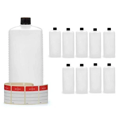 Afbeelding van Octopus kunststof flessen, 10 x 1000 ml, PE HD flessen met zwarte schroefdop, lege vierkante etiketten inbegrepen.