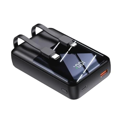 Afbeelding van Mobiele telefoonoplader met geïntegreerde kabels, 20.000 mAh, powerbank, 22,5 W, snel opladen, led display, batterij, USB C, ultra compact, compatibel iPhone 16, 15, 14, 13, 12 etc (zwart,