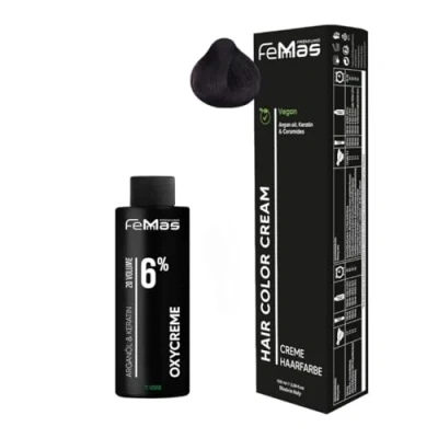 Afbeelding van Femmas Haarverfset middelbruin mahonie 4.5 I Hair Color Cream 100 ml + oxy crème 6% permanente haarkleur ontwikkelaar zacht en duurzaam haarverf