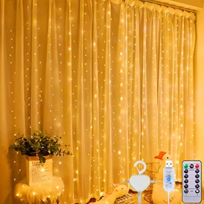 Afbeelding van Amzeeniu Lichtgordijn, 3 x m, lichtsnoer, USB 300 leds, 8 verlichtingsmodi, afstandsbediening, timer, instelbare helderheid, raamdecoratie, Kerstmis, bruiloft, terras, waterdicht, IP44, warm wit