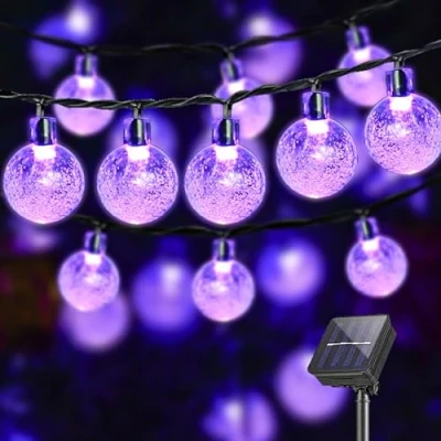 Afbeelding van Lowell® Lichtsnoer op zonne energie voor buiten, 30 leds, 8 m, IP44 modi, buiten/binnen, waterdicht, tuin, terras, balkon, bruiloft, feest (8 paars)