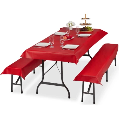 Afbeelding van Relaxdays tafelkleed biertafel en banken hoezen set biertent 250 x 100 cm tafellaken rood
