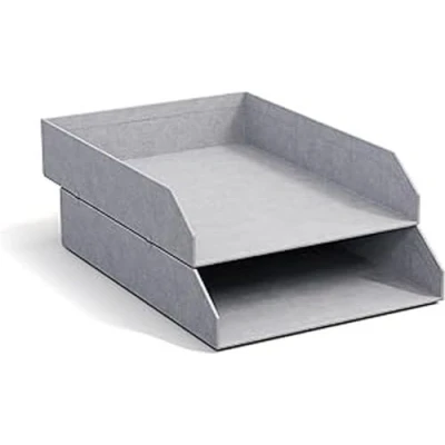 Afbeelding van BIGSO HAKAN set van 2 brievenbakjes voor op het bureau stapelbare opbergvakken brieven, documenten enz. organisatiesysteem hardboard met linnenlook papier lichtgrijs