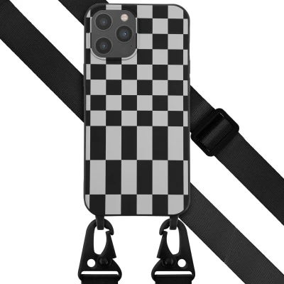 Afbeelding van Selencia hoesje Geschikt voor iPhone 12 Pro Max met koord Siliconen design afneembaar Zwart / Irregular Check Black