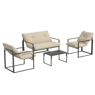 Afbeelding van Outsunny Tuinmeubelset, 4 delig, personen, met 2 zitsbank, stoelen en 1 salontafel, 3 kussens voor terras, tuin, staal, zwart, polyester, beige