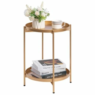 Afbeelding van Ronde bijzettafel, 2 niveaus gouden bijzettafel metalen dienblad snacktafel salontafel theetafel nachtkastje banktafel voor woonkamer slaapkamer balkon patio goud