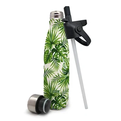 Afbeelding van Nerthus Dubbelwandige Roestvrijstalen Thermosfles Palmboom Print, incl. Dop met Rietje, 500 ml