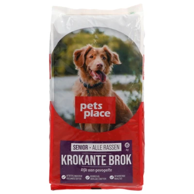 Afbeelding van Pets Place Senior Krokante Brokken Gevogelte&amp;Vlees Hondenvoer 15 kg