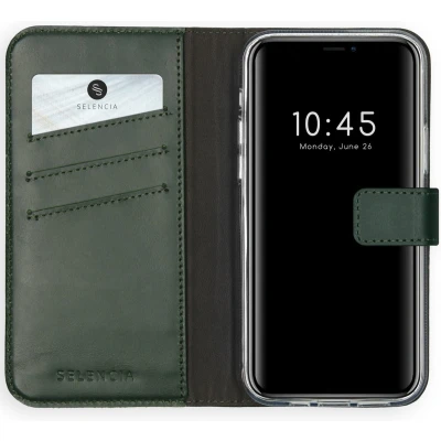 Afbeelding van Selencia Hoesje Geschikt voor iPhone 12 Pro / Met Pasjeshouder Echt Lederen Bookcase Groen