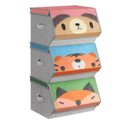 Afbeelding van SONGMICS Opbergdozen voor kinderen, 3 stuks, stapelbaar, opvouwbaar, handgrepen, magneetdeksel, kinderkamer, speelkamer, motief tijgerbeer, vos, roze, blauw, groen en grijs RFB760P03