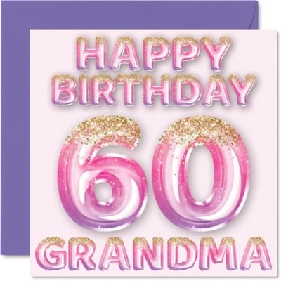 Afbeelding van 60e verjaardagskaart voor oma roze en paarse glitterballonnen verjaardagskaarten 60 jaar van kleinzoon kleindochter, 145 mm x