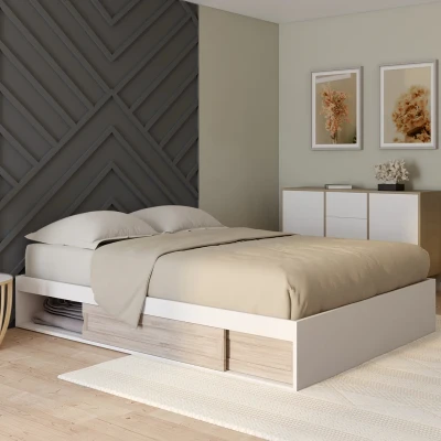 Afbeelding van Cadre de lit SALEM avec rangements et sommier 140 x 190 cm blanc hêtre