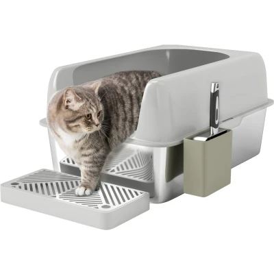 Afbeelding van PawHut litière pour chat avec couvercle, bac à pelle, en acier inoxydable, maison de toilette moins 4,5 kg, intérieur gris clair