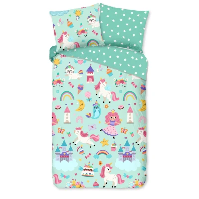 Afbeelding van Good Morning Kinderdekbedovertrek &quot;eenhoorn, prinses, regenboog&quot; Mint (140x200/220 cm) Katoen