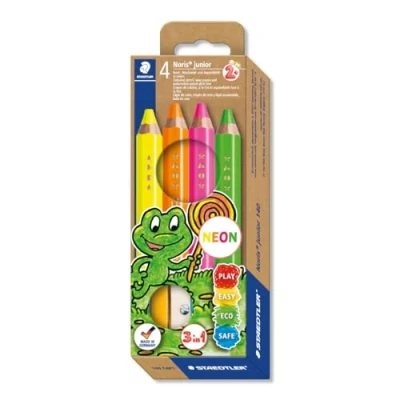 Image de STAEDTLER 140 C4P1 Noris Junior Lot de 4 crayons couleur 3 en 1 pour tout petits à partir ans Couleurs fluo assorties