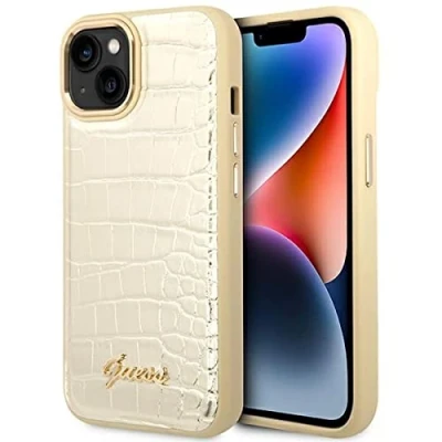 Afbeelding van Guess iPhone 14 Hardcase Backcover Croco Metal Buttons &amp; Camera Goud