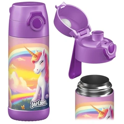 Afbeelding van Jarlson® Mali Roestvrijstalen fles voor kinderen, thermosfles, BPA vrij, waterfles, 350 ml, eenhoorn 2.0