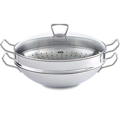 Afbeelding van Fissler Nanjing Wok van roestvrij staal (Ø 36 cm), grote koekenpan, niet gecoat, Aziatische pan met glazen deksel, stoommand, voor alle warmtebronnen, inclusief inductie