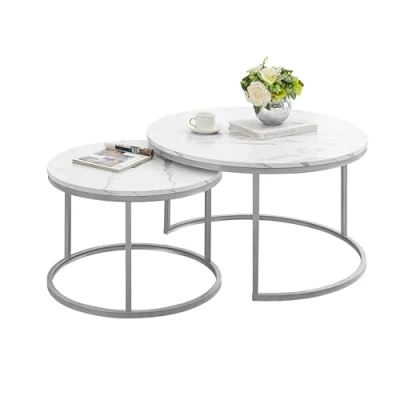 Afbeelding van Ginhow Salontafel marmerlook bijzettafel woonkamer Ø 80 + 60 cm grote ronde tafel MDF wit marmer look zilveren stalen frame