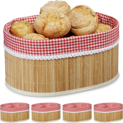 Afbeelding van Relaxdays 5x broodmandje bamboe ovaal ontbijtmandje stof brooddoos 33 cm broodmand