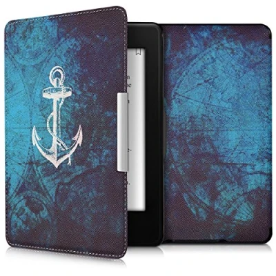 Afbeelding van kwmobile E reader hoesje geschikt voor Amazon Kindle Paperwhite hoes flip case met magnetische sluiting Ereader cover Anker en Landkaart design in wit / blauw