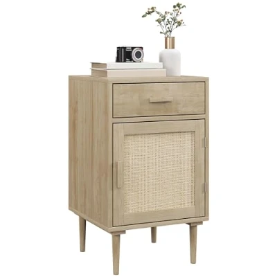 Afbeelding van HOMCOM Nachtkastje Bijzettafel met kast en plank, geweven rotandeur + 1 lade, boho design, 40 x 68,5 cm, naturel