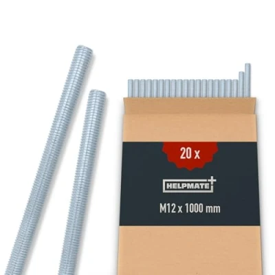 Afbeelding van HELPMATE Tige filetée M12 x 1000 mm en acier galvanisé Lot de 20 tiges filetées avec filetage métrique complet Vis sans tête classe résistance 4.8, DIN 976