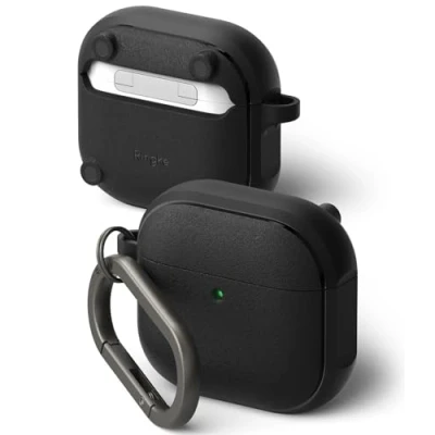 Afbeelding van Ringke Magnetische Onyx hoes voor AirPods 4, antislip, krasbestendig, TPU beschermhoes met karabijnhaak 4 accessoires zwart