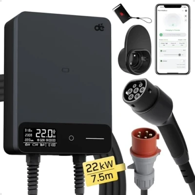 Afbeelding van dé Wallbox 22 kW met elektriciteitsmeter, driefasig, 400 V, 6 32 A, huishoudelijk laadstation, CEE 32A naar type 2 oplaadkabel, CE gecertificeerd, kabelhouder voor EV en PHEV, zwart