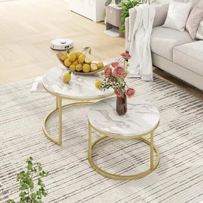 Afbeelding van Set van 2 salontafels in goudkleurig marmer, salontafel met 1 grote ronde tafel en kleine tafel, wit, metaal, salontafel, moderne woonkamertafel
