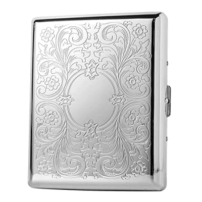 Afbeelding van Retro metalen sigarettenetui voor dames en heren, draagbaar, met dubbelzijdige veerclip, 20 sigaretten in standaardformaat 100 mm sigaretten, zilver