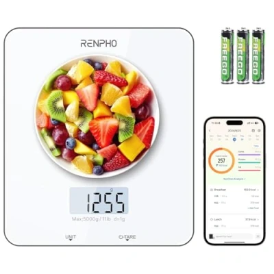 Afbeelding van Renpho Elektronische keukenweegschaal, 5 kg, zeer nauwkeurige keukenweegschaal met lcd display, professionele voedselweegschaal tarrafunctie, voor bakken en koken, wit