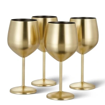 Afbeelding van Oak &amp; Steel 4 Gouden RVS Wijnglazen (Matgoud, 540ml) Onbreekbare Metalen Rodewijnglazen, Geschikt voor Cocktails Mixdrankjes