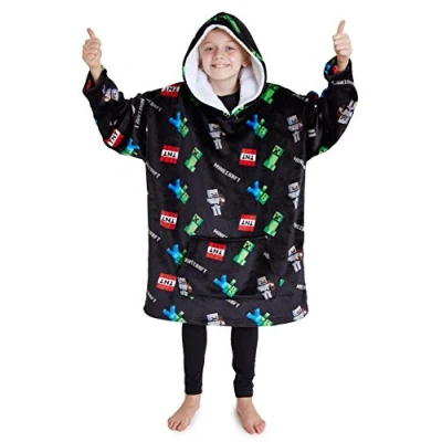 Afbeelding van Minecraft deken met mouwen voor kinderen, kinderhoodie, creeper en mob design, extra grote knuffeldeken 7 14 jaar, XXL hoodie, jongens, Zwart, One Size