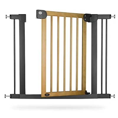 Afbeelding van NUKIDO Trapbeschermingsrooster voor trapdeuren, veiligheidsrooster kinderen, kinderbeveiliging, verstelbare breedte, 76 104 cm, bruin en zwart