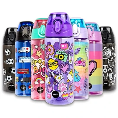 Afbeelding van Regenboog Fringoo lila kinderwaterfles met rietje 100% lekvrij BPA vrij 600ml Sportfles voor kinderen