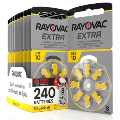 Afbeelding van 240 Rayovac Extra Size 10 Hearing Aid Batteries Sound Fusion Technology Geweldige duurzaamheid en geluidskwaliteit 30 blisters met 8 batterijen