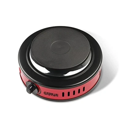Image de G3 Ferrari G10157 Réchaud portatif électrique 500 W, réglage de la température, plaque en fonte 11 cm, voyant d&#039;allumage, idéal pour le camping, rouge
