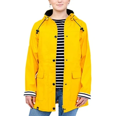 Afbeelding van Breizh Ocean Waterdichte regenjas voor dames, GUIDEL regenkleding met capuchon, verzegelde naden, waterdicht. Voering strepen in mariene stijl., Geel.