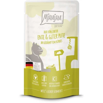 Afbeelding van 12x125g MjAMjAM Quetschie Eend &amp; Kalkoen nat kattenvoer
